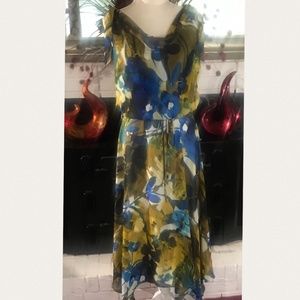 London Times Fit & Flare Asymmetrical Hem Floral Print Midi Dress SZ 10